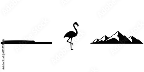 Nature Landscape Silhouette Set: Mountain Range, Flamingo, and Salt Flat Horizon Icons