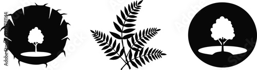 Nature Silhouette Set - Tree, Floating Island, and Fern Leaf Vector