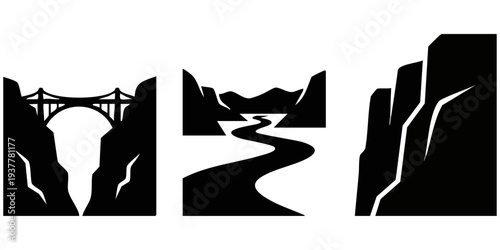 Canyon Landscape Silhouette Set: Arched Bridge, Winding River Valley, and High Cliff Wall Icons