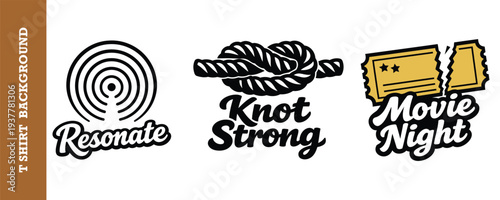 Creative vintage tshirt design collection featuring resonate sound wave knot strong and movie night themes isolated