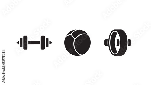 Black Icons Of Dumbbell, Tennis Ball, And Watch On White Background For Fitness And Sports Concepts