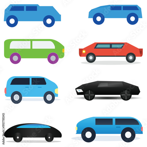 Colorful Car Icons Collection, Flat Vehicle Set, Modern Transportation Vector Illustration.