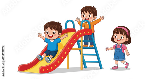 Three cheerful cartoon children playing together on a bright red and yellow playground slide