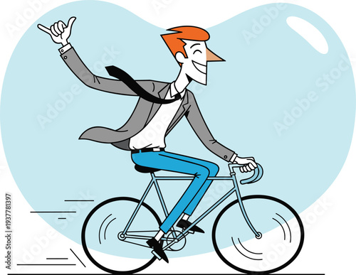 Happy businessman in suit riding bicycle fast to work, eco-friendly commuting and active lifestyle concept, vector