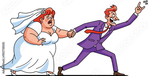 Runaway groom pulling worried bride by hand, rock and roll wedding and marriage humor concept, flat vector illustration