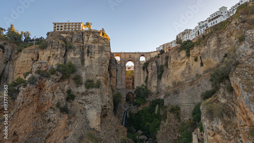 Aerial view of Ronda landscape and buildings with Puente Nuevo Bridge, Andalusia, Spain