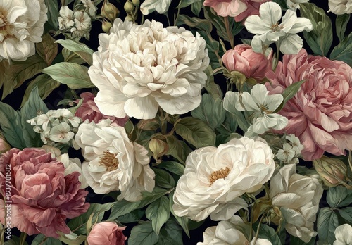 An opulent close-up captures lush, painterly blossoms of roses and peonies, with delicate petals layered amid verdant leaves against a deep, dark backdrop