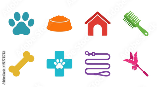 Pet Care Icon Set – Animal Essentials Illustrations Featuring Paw Print, Food Bowl, Pet House, Brush, Bone, Medical Cross, Leash, and Toy Mouse