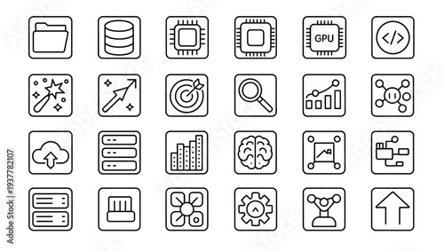 Icons representing data science, AI, and computing, including servers, graphs, and processors.