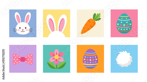 Easter Icon Set – Spring Holiday Illustrations Featuring Bunny, Decorated Eggs, Basket, Daisy Flower, Carrot, Bunny Ears, Chocolate Egg, and Bow
