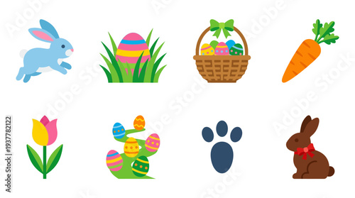 Easter Icon Set – Spring Holiday Illustrations Featuring Bunny, Decorated Eggs, Basket, Daisy Flower, Carrot, Bunny Ears, Chocolate Egg, and Bow