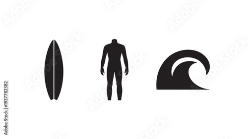 Black Silhouette Of A Surfer With Surfboard And Wave On White Background For Ocean Sports Concepts