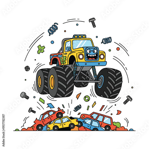 A colorful monster truck vector illustration crushing smaller cars with various tools and debris surrounding it on a white background. Perfect for kids' projects, automotive designs, and