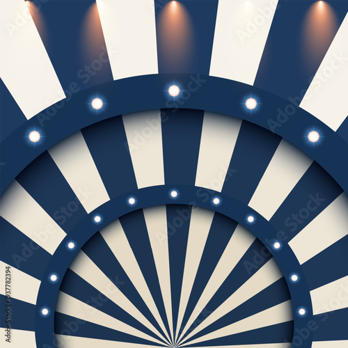Retro radial striped background with illuminated stage arches, empty space. Vintage design for new collection, show promotion, circus inspired advertising. Vector illustration blue beige colors