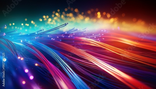 abstract fiber optical network cable on a multi colored glow background generative ai