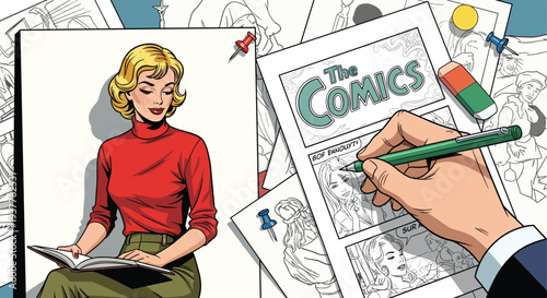 Artist hand drawing retro comic book page with beautiful blonde woman character, creative studio desk flat vector