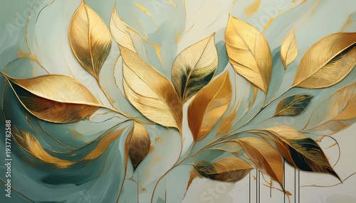 abstract painting of leaves with gold foil