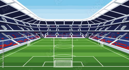 Empty Soccer Stadium with Green Field.