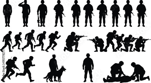 Military Soldier Silhouette Vector Set with Infantry Special Forces Snipers and K9 Unit for Tactical Design