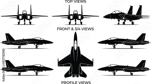 Military Fighter Jet Silhouette Vector Set with Top Front and Profile Views for Aviation Tactical Design