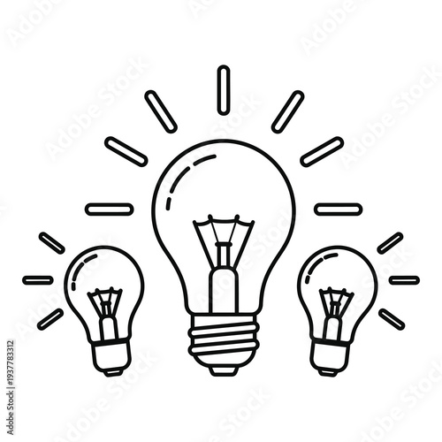 Three light bulbs with rays shining brightly on white background icon