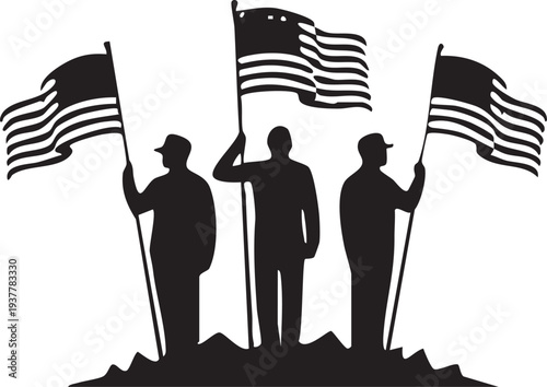 Soldiers holding American flags silhouette patriotic military tribute illustration