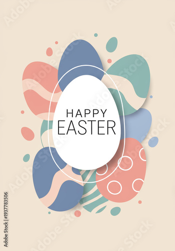Modern flat design illustration of pastel Easter eggs with 'Happy Easter' text for holiday greeting card concept and spring celebration