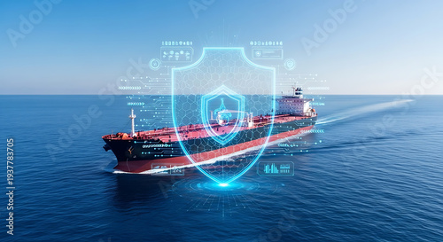 Wallpaper Mural Red crude oil tanker sailing through blue water protected by a glowing blue holographic cybersecurity shield and data rings Torontodigital.ca