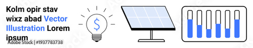 Lightbulb with a dollar sign, solar panel, and energy bars represent renewable energy, cost efficiency, and energy monitoring. Ideal for sustainability, green energy, technology, innovation savings