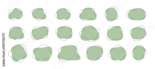 Green organic abstract blob set. Freehand shapes with line decoration Outline blot form with editable stroke. Nature irregular round graphic element. Oval frame and text box. Vector Illustration.