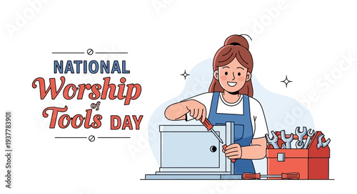 Illustration of a bearded handyman celebrating National Worship of Tools Day with various tools, wearing an orange cap and blue shirt, against a clean white background with a mix of