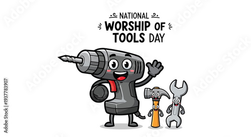 Illustration of a bearded handyman celebrating National Worship of Tools Day with various tools, wearing an orange cap and blue shirt, against a clean white background with a mix of