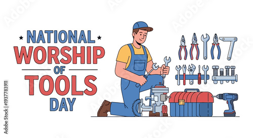 Illustration of a bearded handyman celebrating National Worship of Tools Day with various tools, wearing an orange cap and blue shirt, against a clean white background with a mix of