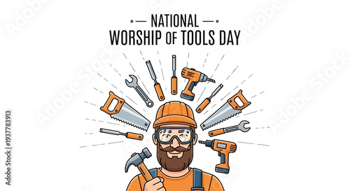 Illustration of a bearded handyman celebrating National Worship of Tools Day with various tools, wearing an orange cap and blue shirt, against a clean white background with a mix of