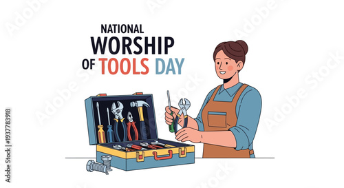 Illustration of a bearded handyman celebrating National Worship of Tools Day with various tools, wearing an orange cap and blue shirt, against a clean white background with a mix of