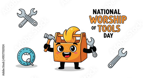 Illustration of a bearded handyman celebrating National Worship of Tools Day with various tools, wearing an orange cap and blue shirt, against a clean white background with a mix of