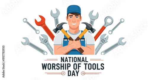 Illustration of a bearded handyman celebrating National Worship of Tools Day with various tools, wearing an orange cap and blue shirt, against a clean white background with a mix of
