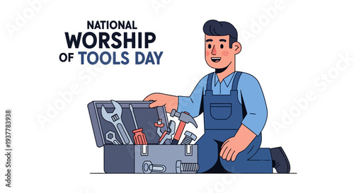 Illustration of a bearded handyman celebrating National Worship of Tools Day with various tools, wearing an orange cap and blue shirt, against a clean white background with a mix of