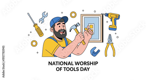 Illustration of a bearded handyman celebrating National Worship of Tools Day with various tools, wearing an orange cap and blue shirt, against a clean white background with a mix of