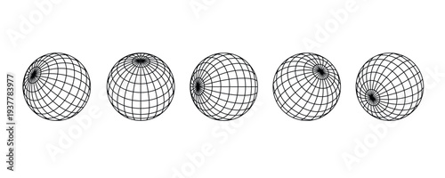 Set of black wireframe Globe spheres in multiple views and rotations isolated on white background. Minimal 3D grid mesh geometry collection for technology, geodesy, UI, infographics and design element