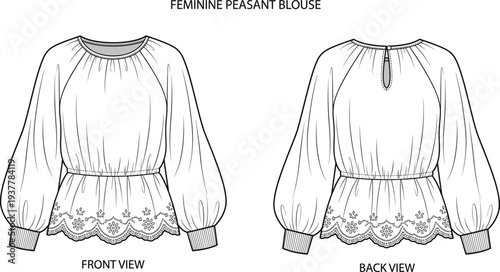 Feminine Peasant Blouse CAD Drawing Flat Vector Illustration with Raglan Sleeves gathered Waist and Eyelet Trim