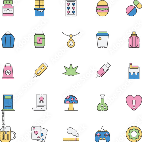 Collection of various icons representing different objects and symbols displayed on a clean white background from a straightforward viewpoint