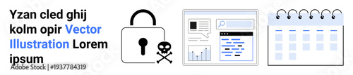 Cybersecurity, data protection, time management, digital security, online threats, analytics. Lock and skull icon, analytics page and calendar visual. Cybersecurity and data protection concept