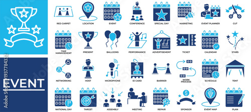 Event icon set collection. Containing singer, seminar, contest, microphone, networking, performance, conference .Solid vector icons collection