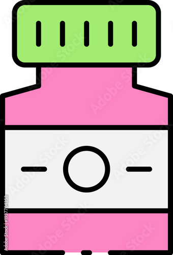 A pink and green icon representing a bottle or container viewed from the front with simple shapes and lines indicating a label and cap