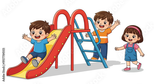 Happy children enjoying playtime together on a bright red and yellow playground slide