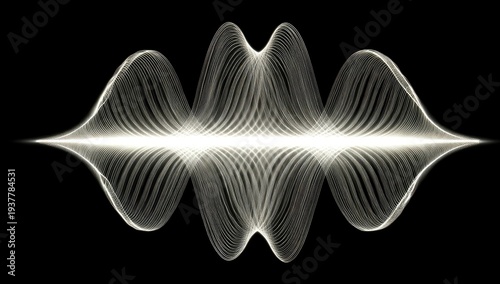 A symmetrical, abstract design of curving, wavy lines in shades of white and gray against a solid black background