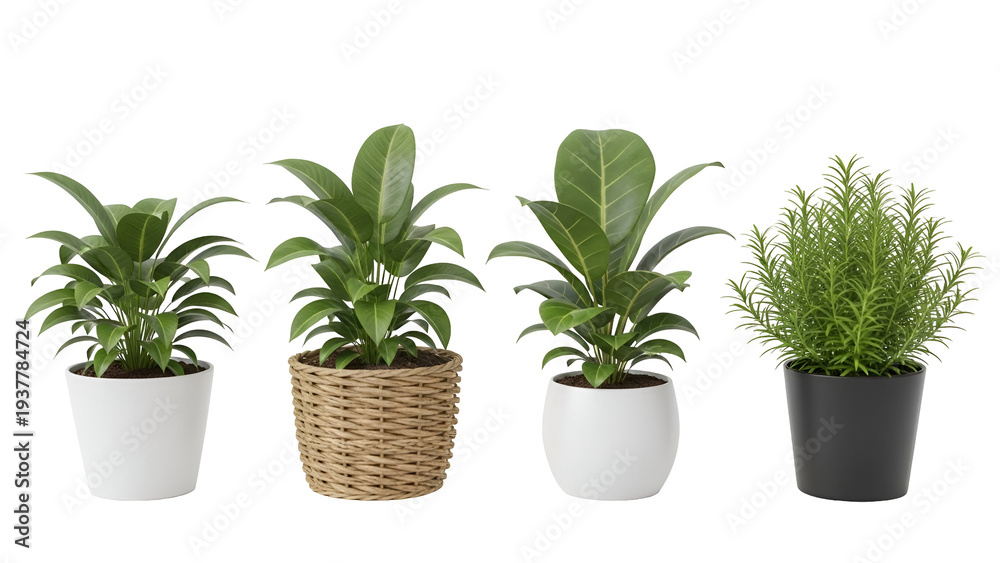 Fototapeta premium Four Potted Plants on White Background