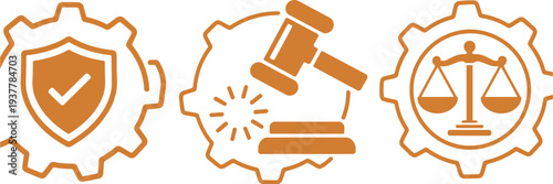 vector art of law and justice icons with gear, shield, gavel, and balance scales, isolated on white background for legal services branding, courthouse graphics, business presentations, and professiona