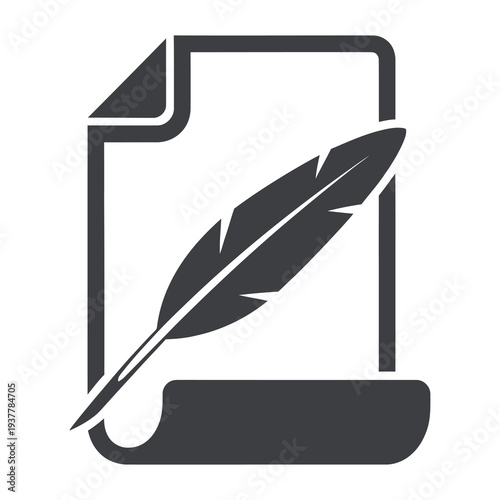 Gray icon of a feather quill pen on a document page icon